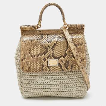 Pre Owned Dolce & Gabbana Beige Python and Raffia Miss Sicily Top Handle Bag
