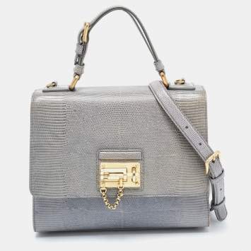 Pre Owned Dolce & Gabbana Light Blue Lizard Embossed Leather Medium Monica Top Handle Bag