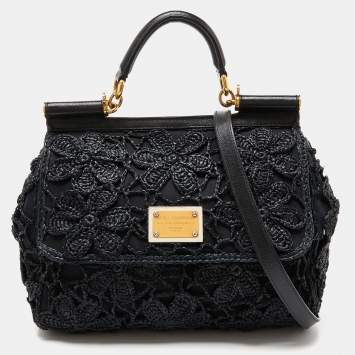 Pre Owned Dolce & Gabbana Black Crochet Raffia and Leather Large Miss Sicily Top Handle Bag