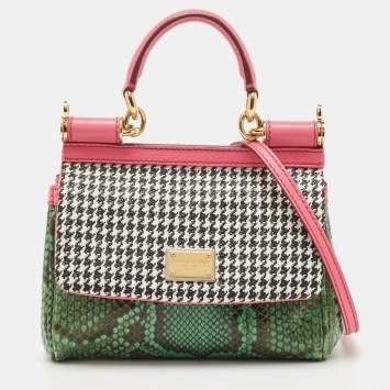 Pre Owned Dolce & Gabbana Multicolor Woven Straw, Leather and Python Small Miss Sicily Top Handle Bag