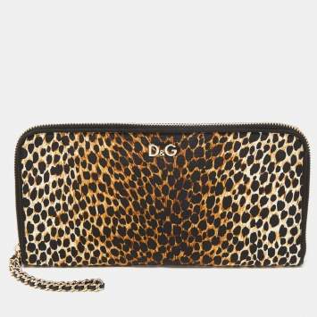 Pre Owned Dolce & Gabbana Black/Brown Leopard Print Fabric Mindy Wristlet Clutch