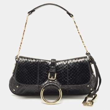 Pre Owned Dolce & Gabbana Black Python Ring Flap Shoulder Bag