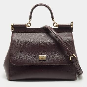 Pre Owned Dolce & Gabbana Plum Leather Medium Miss Sicily Top Handle Bag