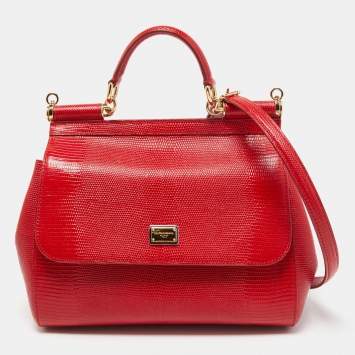 Pre Owned Dolce & Gabbana Red Lizard Embossed Leather Medium Miss Sicily Top Handle Bag