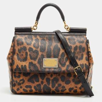 مملوكة مسبقًا Dolce & Gabbana Black/Brown Leopard Print Coated Canvas Large Miss Sicily Top Handle Bag