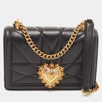 Pre Owned Dolce & Gabbana Black Leather Mini Devotion Chain Shoulder Bag