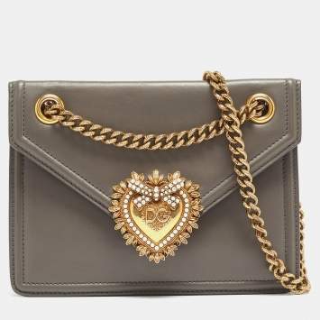 Pre Owned Dolce & Gabbana Grey Leather Devotion Chain Shoulder Bag