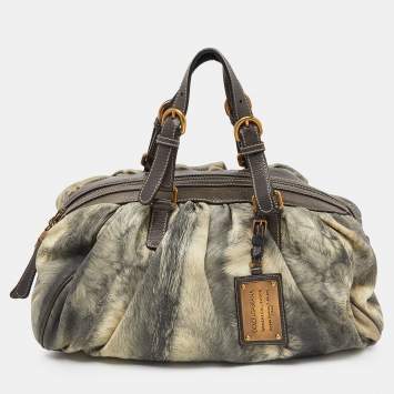 Pre Owned Dolce & Gabbana Grey/Beige Leather Miss Glamorous Satchel