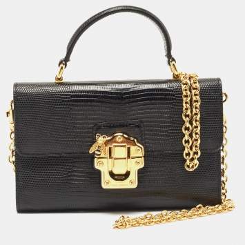Pre Owned Dolce & Gabbana Black Lizard Embossed Leather Lucia Wallet on Chain