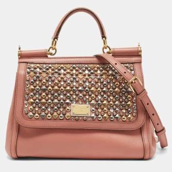 Pre Owned Dolce & Gabbana Old Rose Leather Medium Embellished Sicily Top Handle Bag
