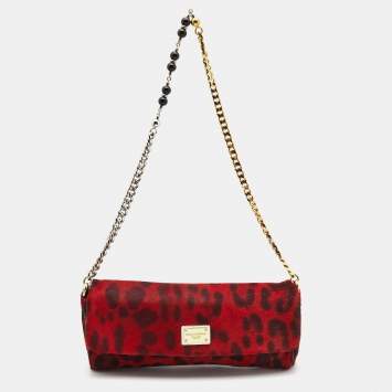 Pre Owned Dolce & Gabbana Red/Black Calfhair and Patent Leather Miss Charles Flap Chain Bag