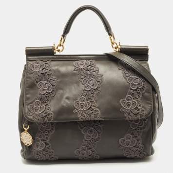 Pre Owned Dolce & Gabbana Grey Lace and Leather Large Miss Sicily Top Handle Bag