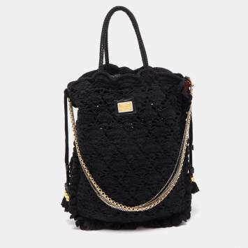 Pre Owned Dolce & Gabbana Black/Red Crochet and Leopard Print Calf Hair Tote