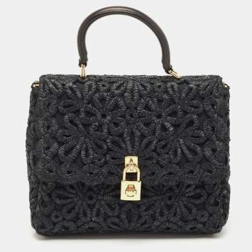 Pre Owned Dolce & Gabbana Black Straw and Leather Miss Dolce Top Handle Bag