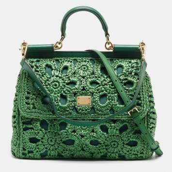 Pre Owned Dolce & Gabbana Green Straw Crochet Large Miss Sicily Top Handle Bag
