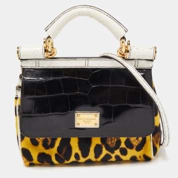 Pre Owned Dolce & Gabbana Multicolor Leopard Calfhair, Croc and Python Limited Edition Small Miss Sicily Top Handle Bag