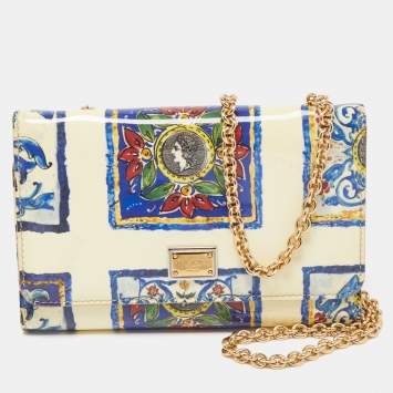 Pre Owned Dolce & Gabbana Cream/Multicolor Printed Trifold Wallet On Chain