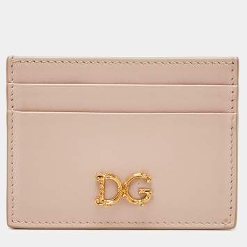 Pre Owned Dolce & Gabbana Beige Leather DG Crystal Logo Card Holder