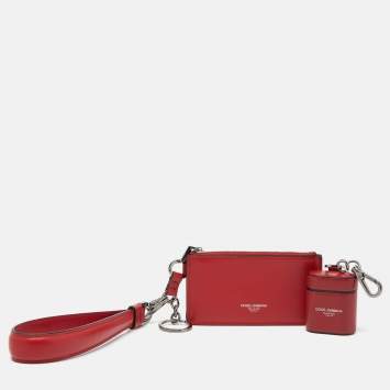 Pre Owned Dolce & Gabbana Key Red Leather Earphone Cover w/ Zip Card Holder