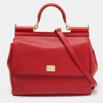 Pre Owned Dolce & Gabbana Red Leather Large Miss Sicily Top Handle Bag