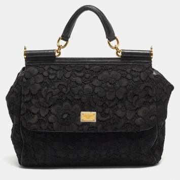 Pre Owned Dolce & Gabbana Black Crochet and Leather Large Miss Sicily Top Handle Bag