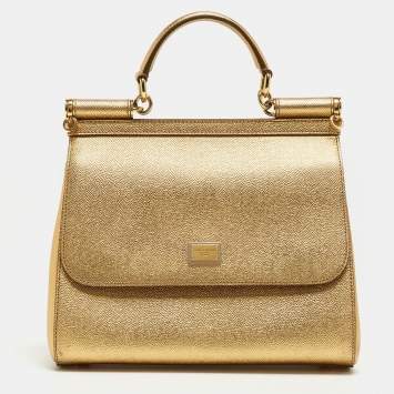 Pre Owned Dolce & Gabbana Metallic Gold Leather Medium Miss Sicily Top Handle Bag