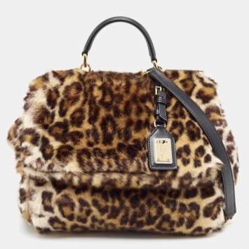 Pre Owned Dolce & Gabbana Beige/Black Leopard Print Faux Fur and Leather Medium Miss Sicily Top Handle Bag