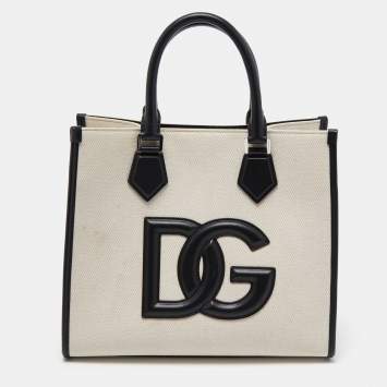 Pre Owned Dolce & Gabbana Off-White/Black Canvas And Leather DG Logo Shopper Tote