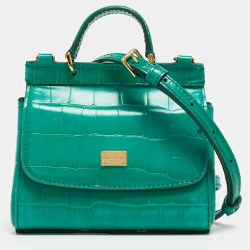 Pre Owned Dolce & Gabbana Green Croc Embossed Leather Mini Miss Sicily Top Handle Bag