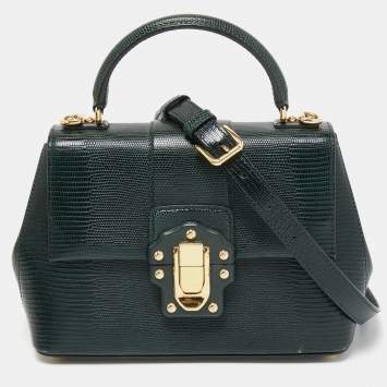Pre Owned Dolce & Gabbana Dark Green Lizard Embossed Leather Medium Lucia Top Handle Bag