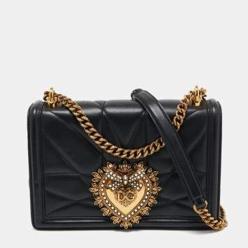 Pre Owned Dolce & Gabbana Black Leather Small Devotion Chain Shoulder Bag