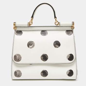 مملوكة مسبقًا Dolce & Gabbana White/Black Polka Dot Leather Medium Miss Sicily Top Handle Bag