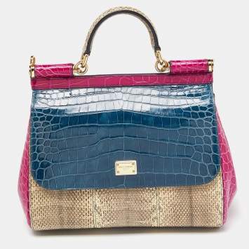 Pre Owned Dolce & Gabbana Multicolor Crocodile,Watersnake Leather and Leather Medium Miss Sicily Top Handle Bag