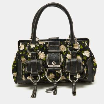 Pre Owned Dolce & Gabbana Black Floral Print Canvas and Leather Frame Satchel