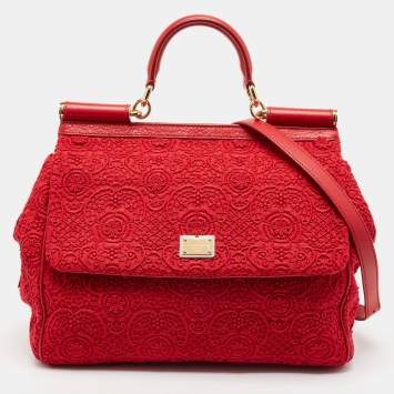 Pre Owned Dolce & Gabbana Red Lace and Leather Large Miss Sicily Top Handle Bag
