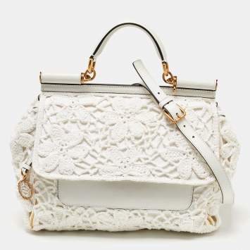 Pre Owned Dolce & Gabbana White Crochet and Leather Large Miss Sicily Top Handle Bag