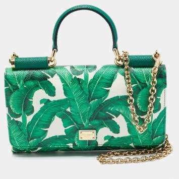 Pre Owned Dolce & Gabbana Green/White Printed Leather Miss Sicily Von Wallet on Chain