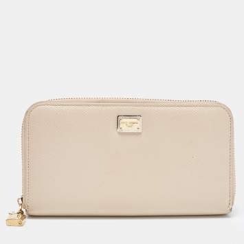 Pre Owned Dolce & Gabbana Beige Leather Lock Zip Around Continental Wallet