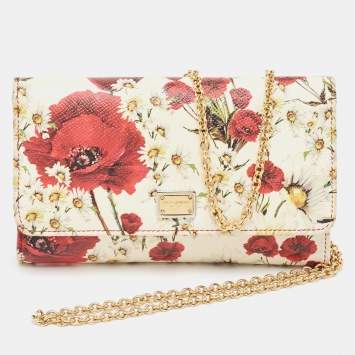 Pre Owned Dolce & Gabbana Multicolor Floral Print Leather Trifold Wallet on Chain