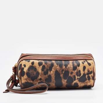 Pre Owned Dolce & Gabbana Brown Leopard Print Coated Canvas and Leather Wristlet Pouch