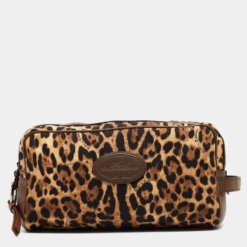 Pre Owned Dolce & Gabbana Brown Leopard Print Fabric and Leather Cosmetic Pouch