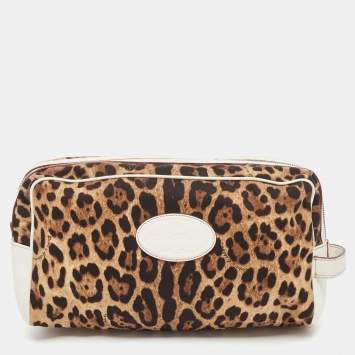 Pre Owned Dolce & Gabbana White/Brown Leopard Print Fabric and Leather Cosmetic Pouch