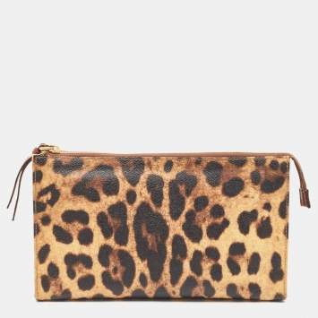Pre Owned Dolce & Gabbana Beige/Black Leopard Print Coated Canvas DG Vanity Case 