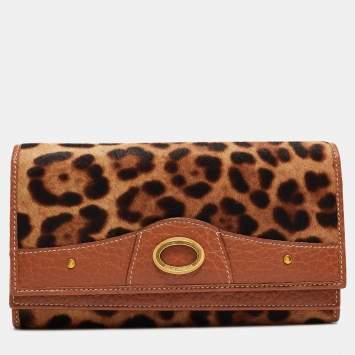 Pre Owned Dolce & Gabbana Brown/Beige Leopard Print Calfhair and Leather Double Flap Continental Wallet