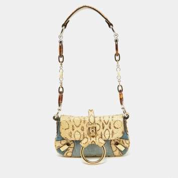 Pre Owned Dolce & Gabbana Cream/Blue Denim and Watersnake Leather Ring Buckle Flap Baguette Bag