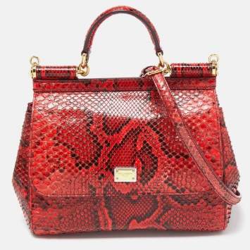 Pre Owned Dolce and Gabbana Red/Black Python Medium Miss Sicily Top Handle Bag