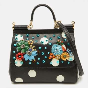 Pre Owned Dolce & Gabbana Black/White Polka Dot Leather Medium Crystal Embellished Miss Sicily Top Handle Bag