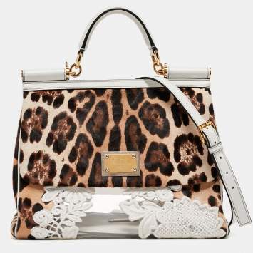 Pre Owned Dolce & Gabbana Beige/Brown Leopard Print Calf hair and Lace PVC Large Miss Sicily Top Handle Bag