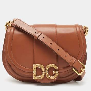 Pre Owned Dolce & Gabbana Brown Leather DG Amore Shoulder Bag