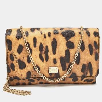 Pre Owned Dolce & Gabbana Brown/Black Leopard Print Coated Canvas Flap Chain Clutch